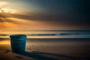 a bucket sits on the beach at sunset. AI-Generated photo