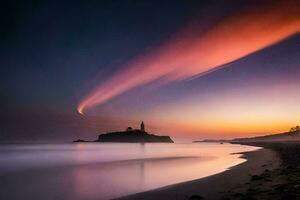 un largo exposición fotografía de un faro a puesta de sol. generado por ai foto