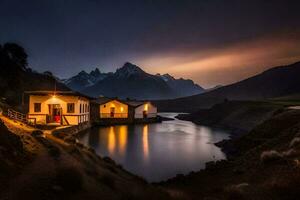 un pequeño casa se sienta en el lado de un lago a noche. generado por ai foto