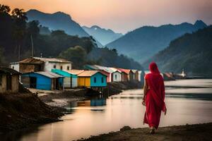 a woman in a red robe walks along the shore of a river. AI-Generated photo