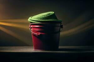 un rojo Cubeta con un verde sombrero sentado en cima. generado por ai foto