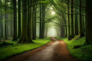 a path through a green forest with trees and trees. AI-Generated photo