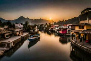 a canal in the middle of a village at sunset. AI-Generated photo