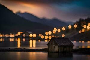 a small wooden house sits on the shore of a lake at night. AI-Generated photo