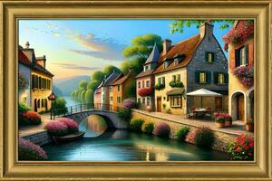 a painting of a small town with a bridge and flowers. AI-Generated photo