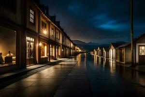 a long row of houses at night with lights on. AI-Generated photo