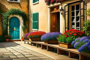 a painting of a street with flowers and a blue door. AI-Generated photo