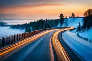 a highway with cars driving on it at sunset. AI-Generated photo