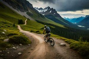 un hombre montando un montaña bicicleta en un suciedad la carretera. generado por ai foto