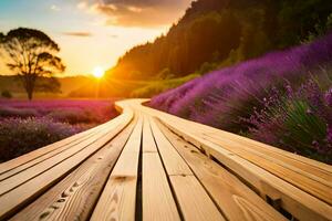 the wooden path in the lavender field. AI-Generated photo