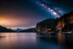 el lechoso brilla brillantemente terminado un lago y montañas. generado por ai foto