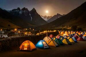 many tents are set up in the mountains at night. AI-Generated photo