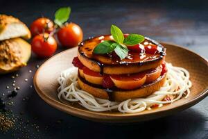 a plate with spaghetti and tomato slices on it. AI-Generated photo