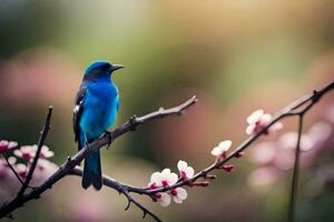 un azul pájaro se sienta en un rama con rosado flores generado por ai foto