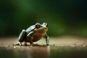 a frog is standing on the ground with a green background. AI-Generated photo