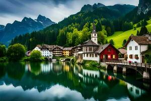 hermosa pueblo en el Alpes, Suiza. generado por ai foto