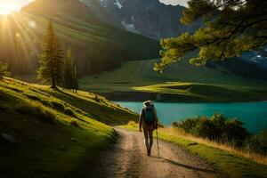 a person with a backpack walking down a path near a lake. AI-Generated photo