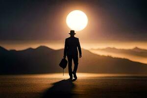 a man in a suit and hat walking in the desert at sunset. AI-Generated photo