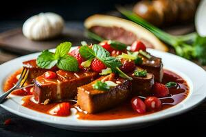a plate of food with tofu and strawberries. AI-Generated photo