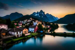 foto fondo de pantalla el cielo, montañas, lago, casa, atardecer, el aldea, el lago,. generado por ai