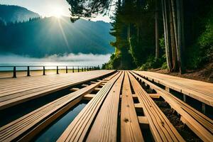 a wooden boardwalk leads to a lake and mountains. AI-Generated photo