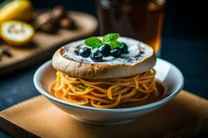 spaghetti with blueberries and a glass of wine. AI-Generated photo