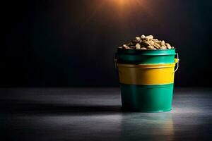 a bucket filled with peanuts on a dark table. AI-Generated photo