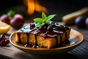 a piece of cake with syrup and berries on a wooden table. AI-Generated photo