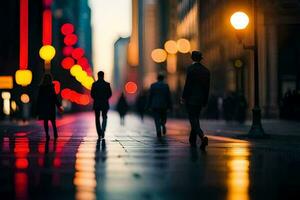 personas caminando en un ciudad calle a noche con luces. generado por ai foto