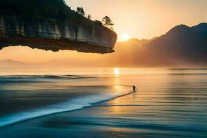 un tablista camina a lo largo el playa a puesta de sol. generado por ai foto