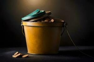 a bucket filled with wood on a dark background. AI-Generated photo