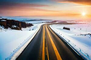 a road in the snow with the sun setting behind it. AI-Generated photo