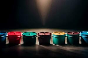 a row of colorful plastic buckets on a dark background. AI-Generated photo