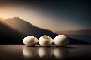 three eggs sit on a table with a mountain in the background. AI-Generated photo