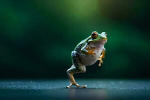 a frog is standing on its hind legs. AI-Generated photo