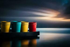 three colorful buckets sitting on a dock with a cloudy sky. AI-Generated photo