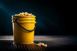 a yellow bucket filled with peanuts on a dark background. AI-Generated photo