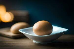 two eggs in a white bowl on a wooden table. AI-Generated photo