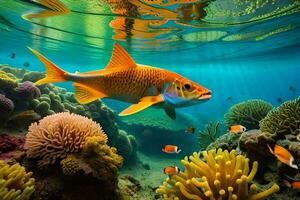 an orange fish swims in the ocean with coral reefs. AI-Generated photo
