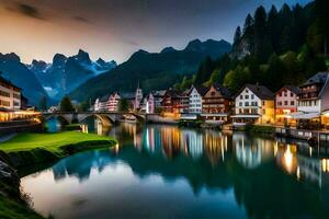 photo wallpaper the sky, mountains, river, town, lake, mountains, river, town,. AI-Generated