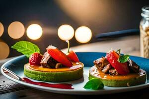 two small desserts on a plate with a jar of peanut butter. AI-Generated photo