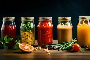 a collection of different juices in jars. AI-Generated photo