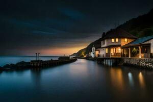 a house on the water at dusk. AI-Generated photo