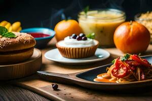 a table with food and drinks on it. AI-Generated photo