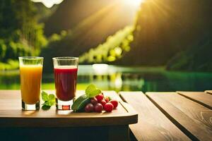two glasses of juice on a table in front of a lake. AI-Generated photo