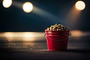 a red bucket filled with peanuts on a dark floor. AI-Generated photo