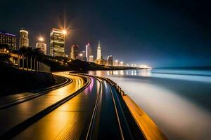 un largo exposición foto de un ciudad horizonte a noche. generado por ai