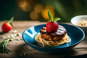 grilled salmon with spaghetti and strawberries on a blue plate. AI-Generated photo