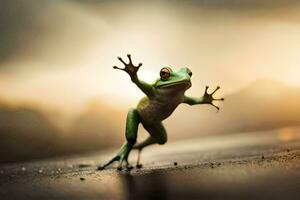 a frog jumping on the ground with its arms outstretched. AI-Generated photo