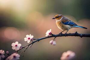 a bird sits on a branch with flowers in the background. AI-Generated photo